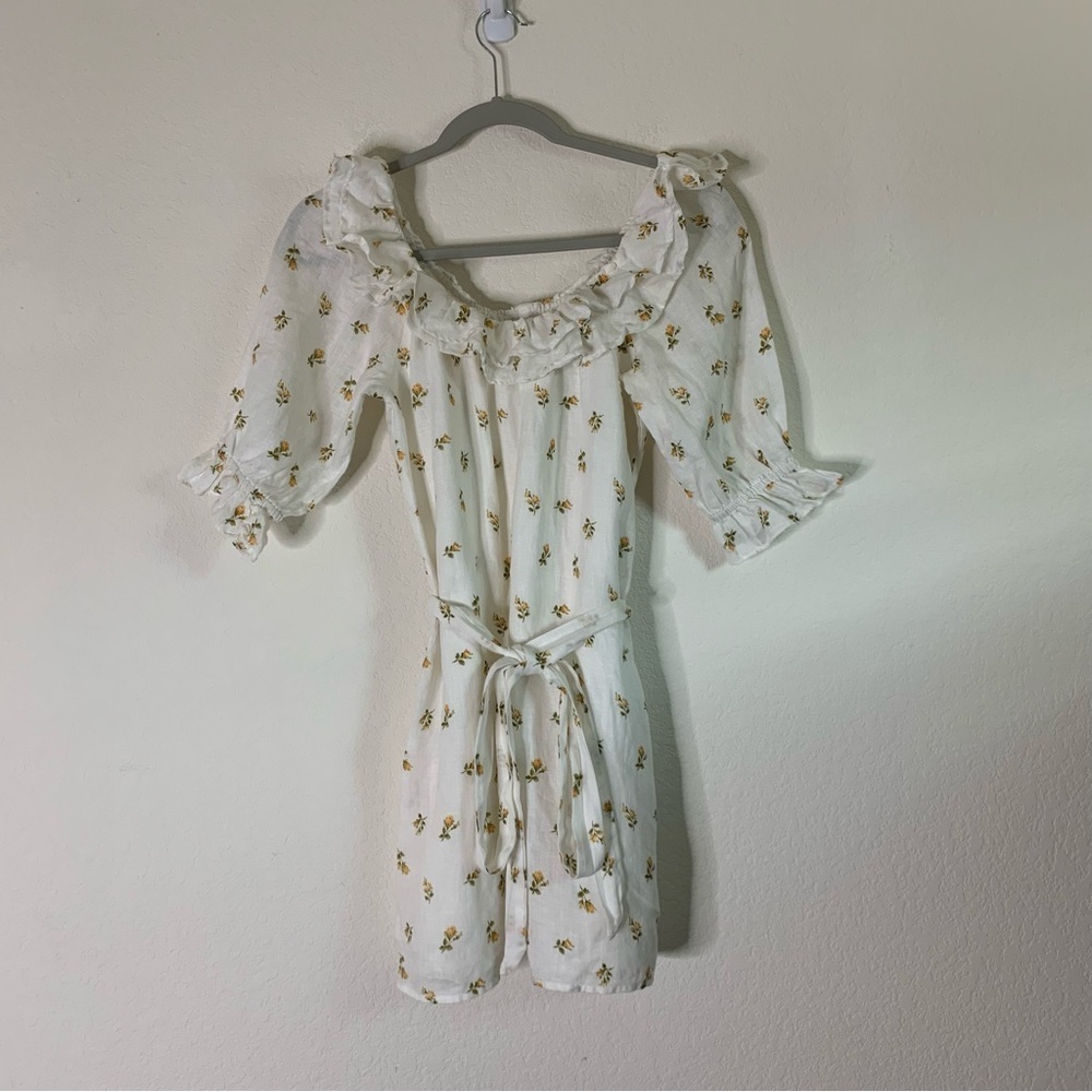 Reformation Womens Indio 100% linen belted off tie shoulder floral mini dress S - Picture 2 of 8